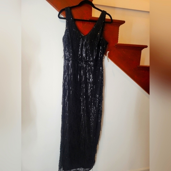 R&M Richards Fringe Sequined Cocktail Dress Black Maxi Size 8 New - Picture 7 of 7